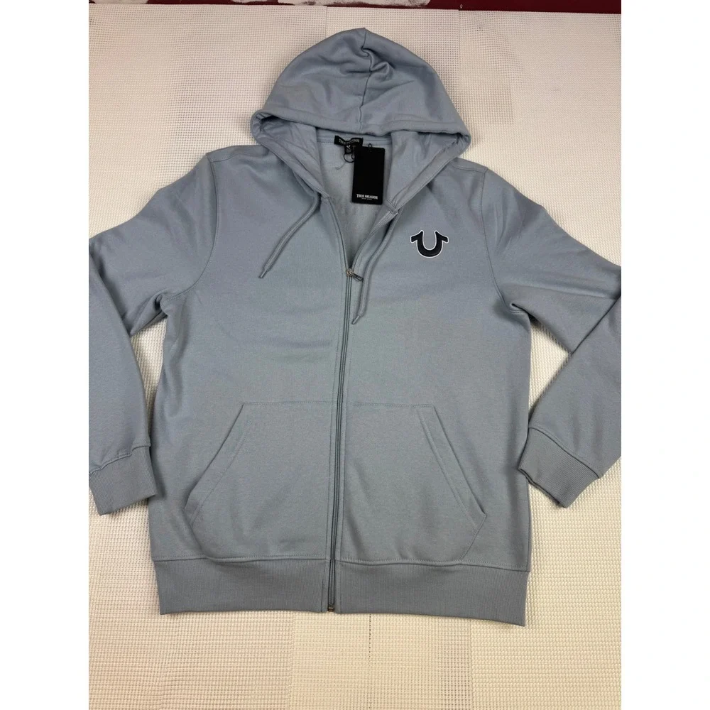 True Religion Mens Dusty Blue Full Zip Hoodie Horseshoe Buddha Logo NWT